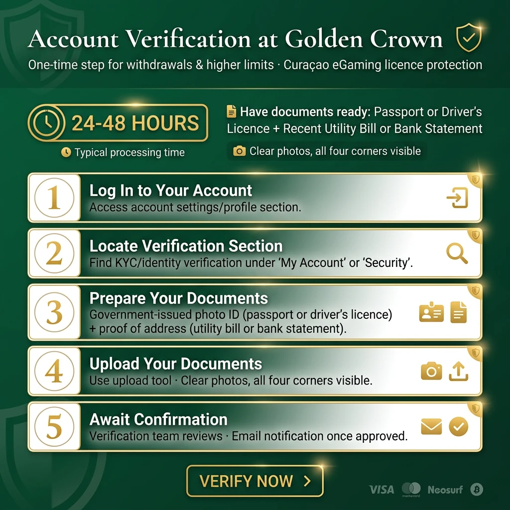 Golden Crown casino account verification process showing KYC document upload steps for Australian players