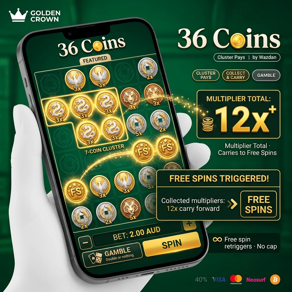 A 6x4 grid slot game showing coin symbols with multiplier values and cluster-pay mechanics in the 36 Coins game.