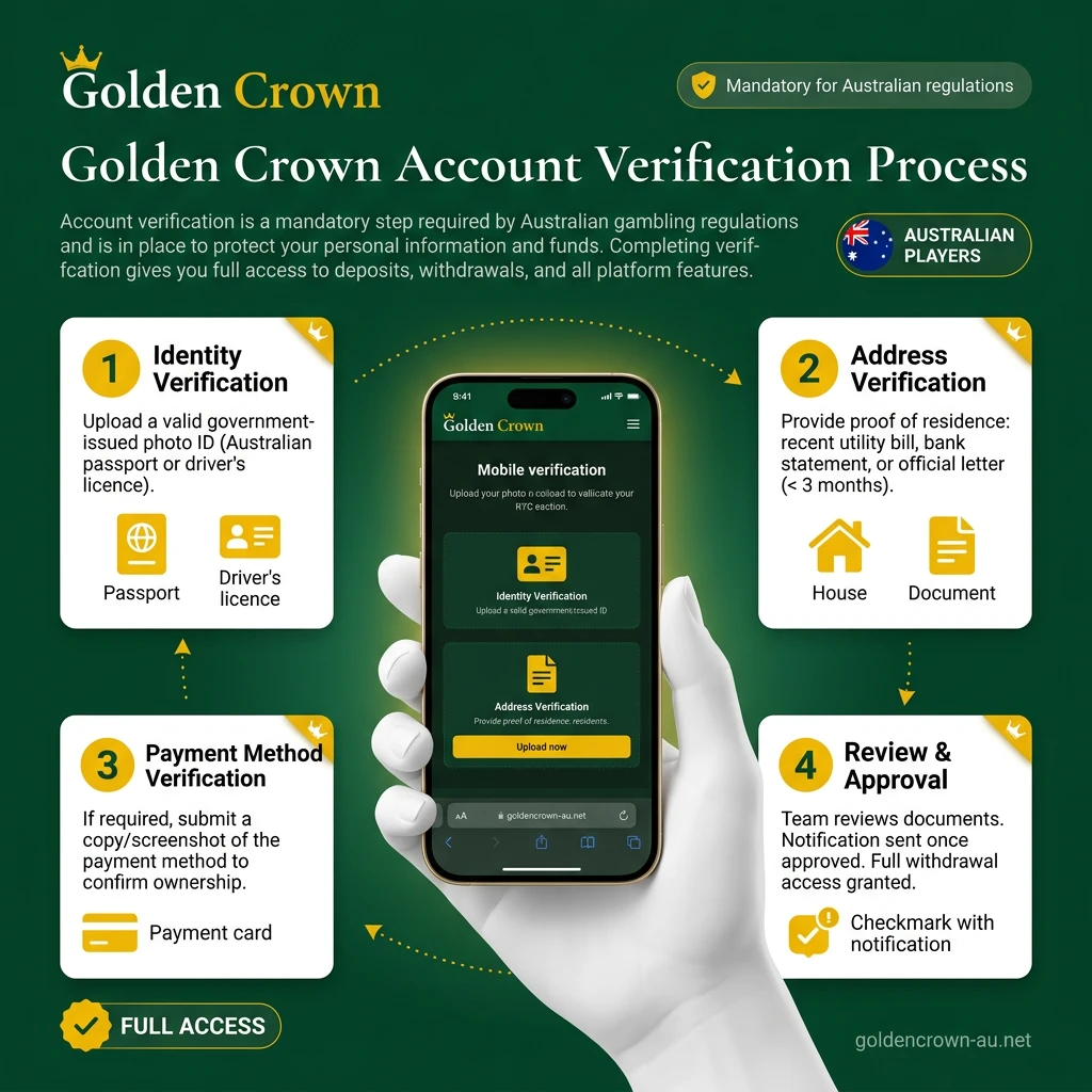 Golden Crown casino account verification steps including ID, address, and payment method submission for Australian players