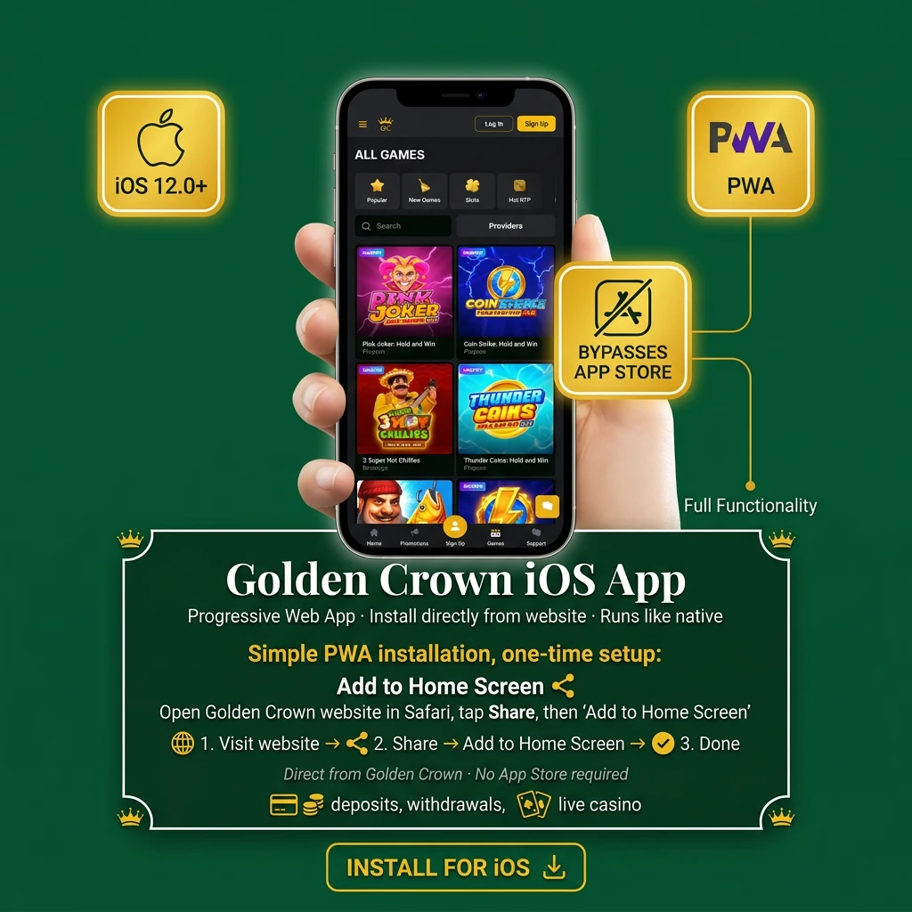 Golden Crown PWA installation steps on iPhone Safari, showing Add to Home Screen process for iOS 12+