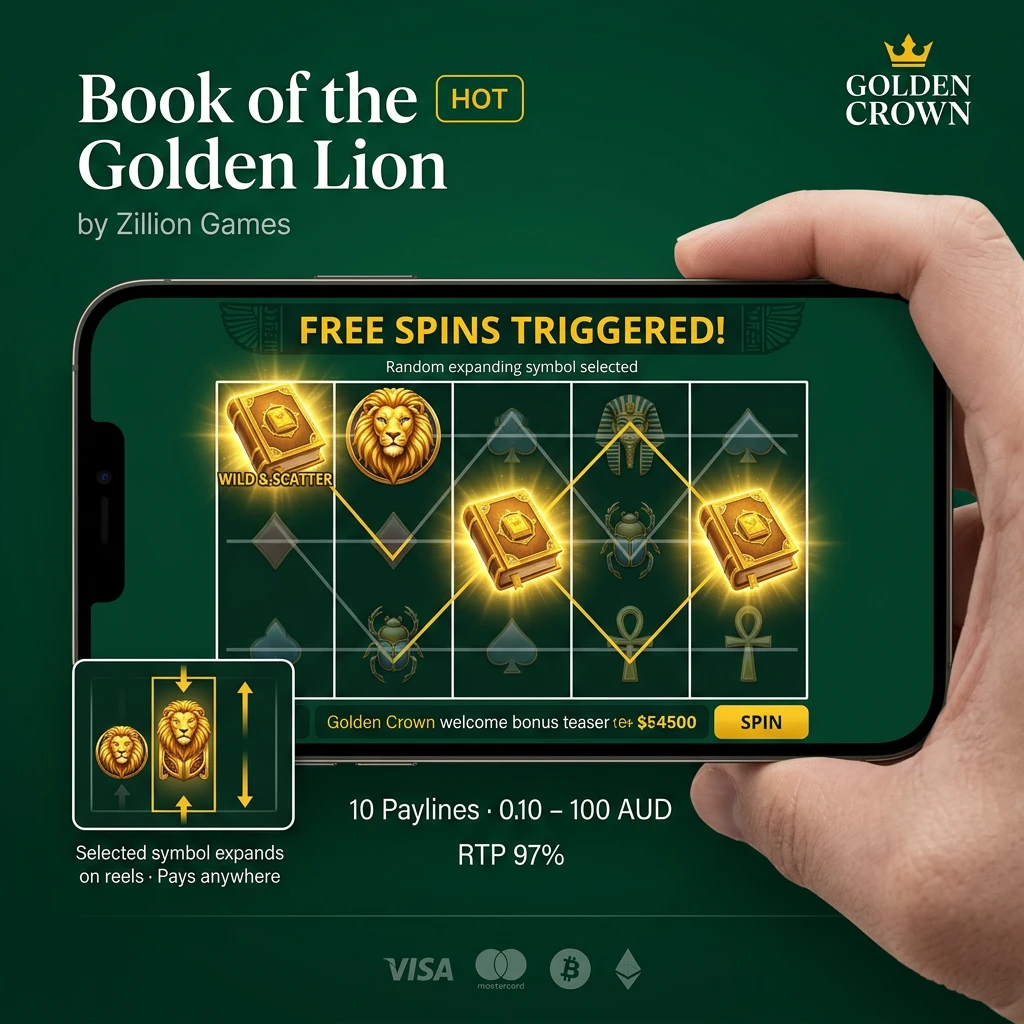 Book of the Golden Lion slot reels with Book wild/scatter symbol, free spins feature, and expanding symbols on 5 reels