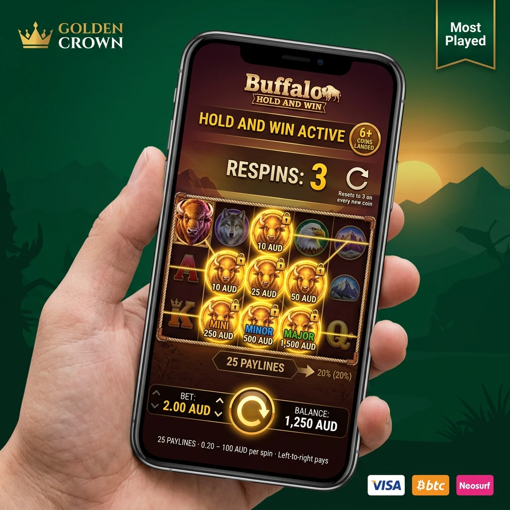 Buffalo Hold and Win slot game on a 5x3 grid showing coin symbols, jackpot prizes, and Hold and Win respin feature.