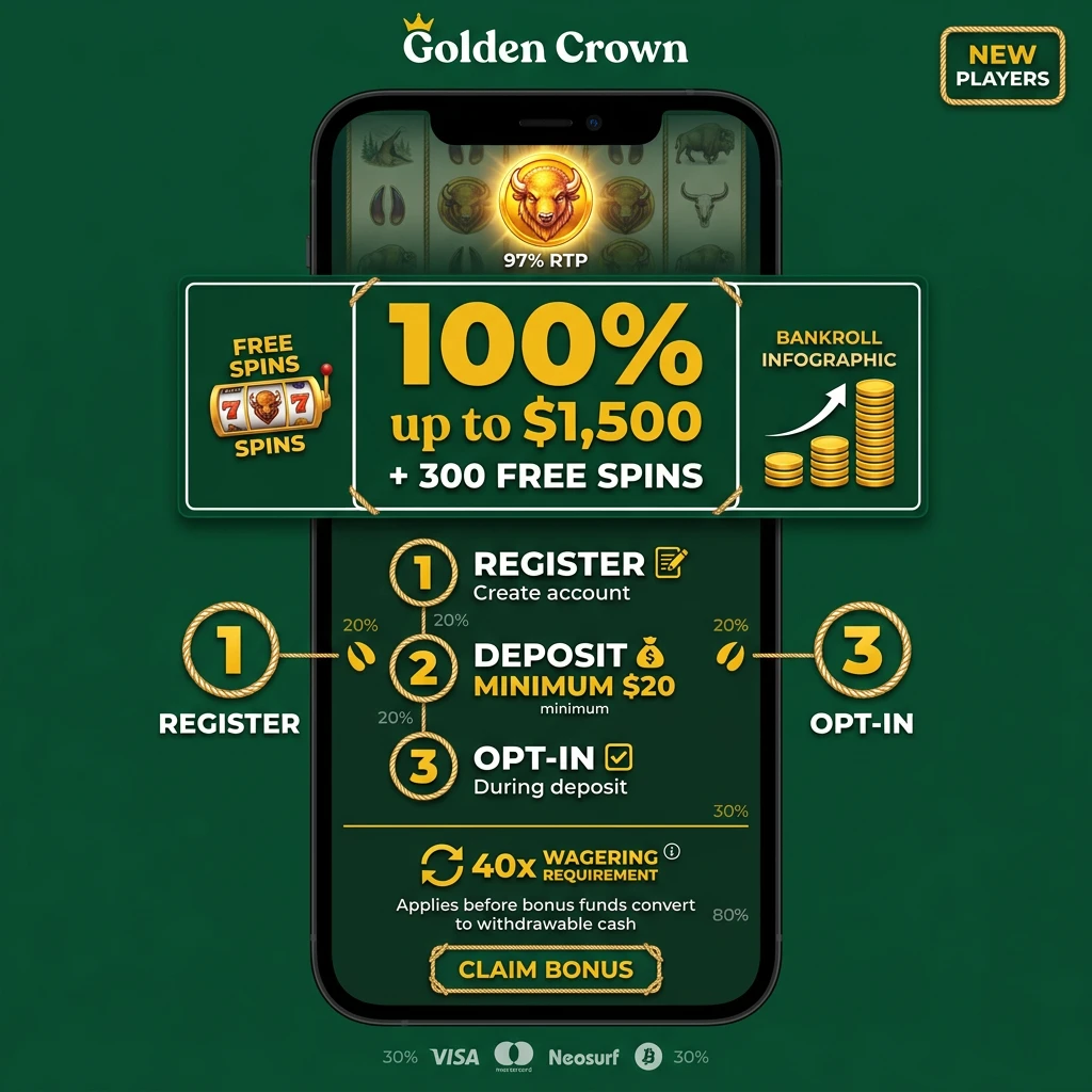 Golden Crown welcome bonus: 100% match up to $1,500 AUD plus 300 free spins for new Australian players.