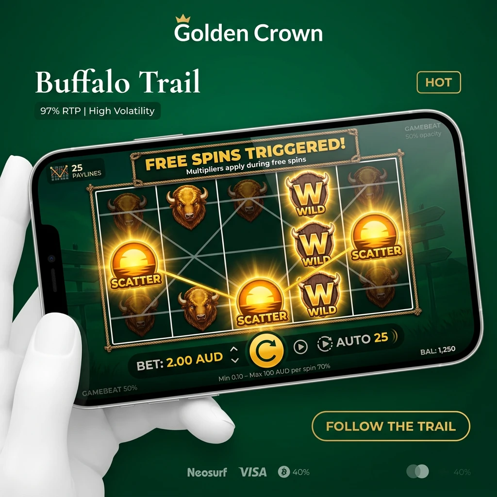 Buffalo Trail slot game rules showing reel layout, paylines, wild symbols, scatter triggers, and autoplay controls
