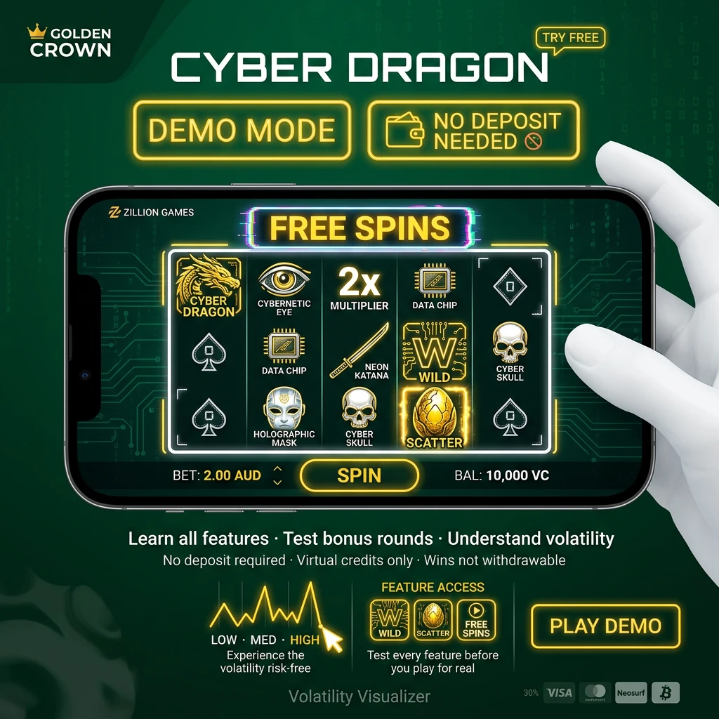 Cyber Dragon slot game in free demo mode with reels, bonus rounds, and virtual credits on Golden Crown casino