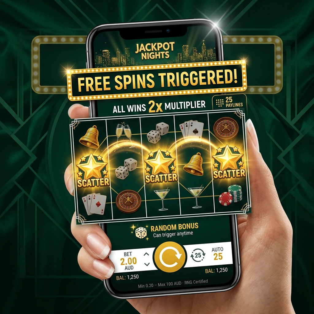 Jackpot Nights video slot game rules showing reel grid, bet options, free spins, and bonus round features explained.