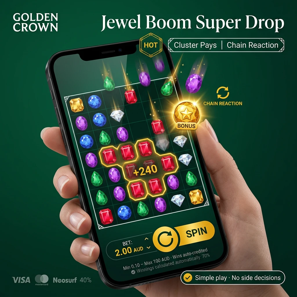 Colorful gems falling on a grid-based slot game layout showing matching clusters and chain reaction mechanics