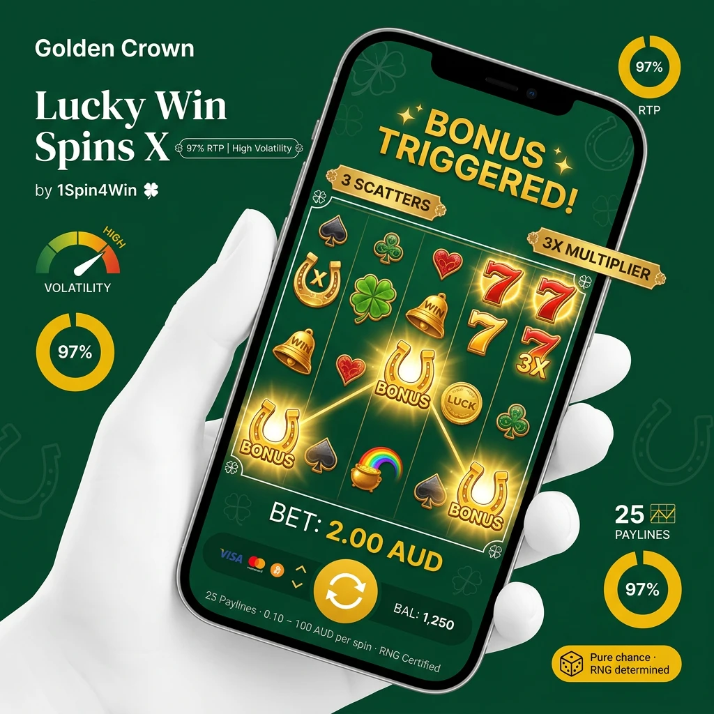 Slot machine reels with colorful symbols, representing Lucky Win Spins X high-volatility game with 97% RTP and bonus features.