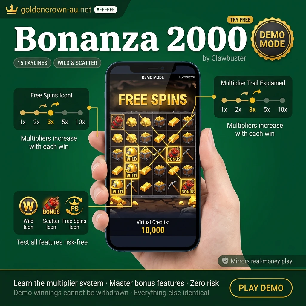 Clawbass Bonanza 2000 slot demo mode with virtual credits, bonus features, and free spins at Golden Crown casino