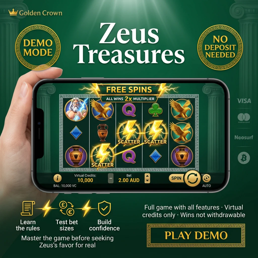 Zeus Treasures slot game demo mode with virtual credits, free spins and bonus rounds available for risk-free practice play.