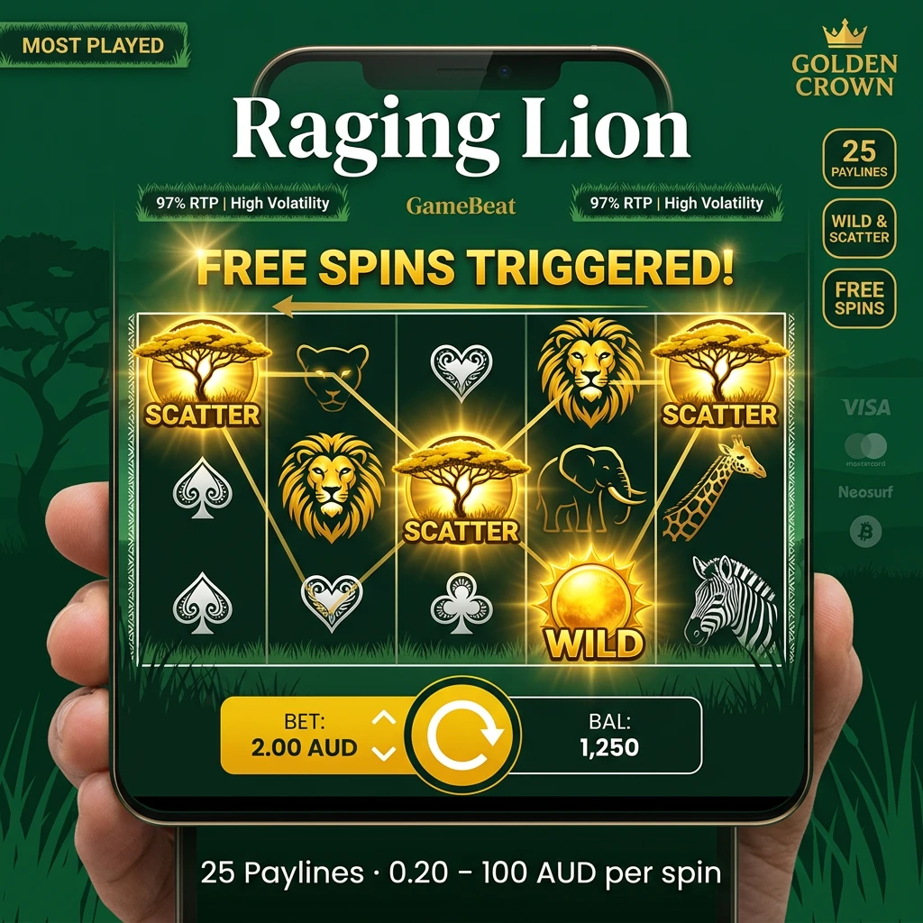 5-reel Raging Lion video slot by GameBeat showing reels, wild symbols, scatter symbols, and paytable information