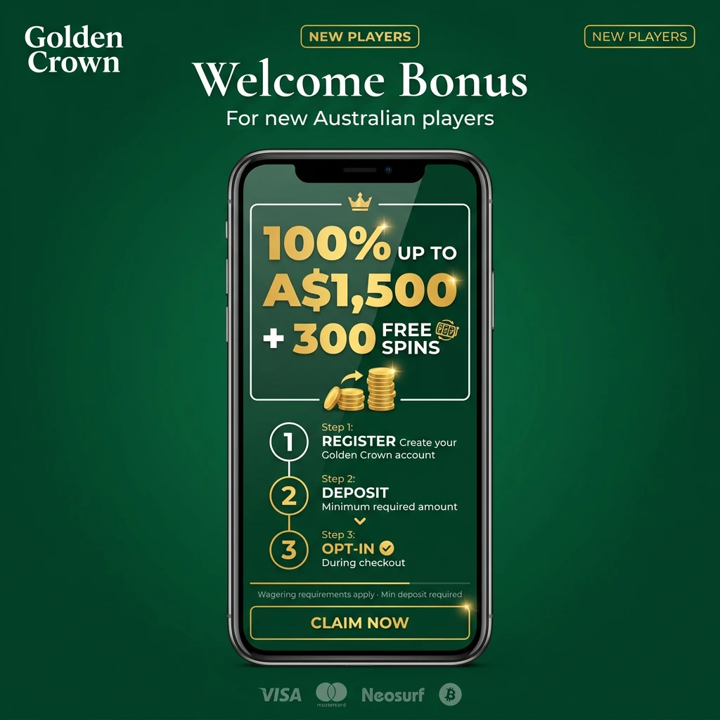 Australian player claiming Golden Crown 100% welcome bonus up to 1500 AUD plus 300 free spins on first deposit