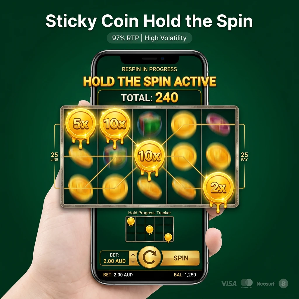 Sticky Coin Hold the Spin slot game on a 5x3 grid with coin symbols triggering Hold the Spin respin mechanic