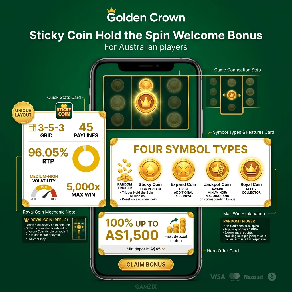 Sticky Coin slot game with 3-5-3 grid layout, Hold the Spin bonus, and jackpot coins for Australian players