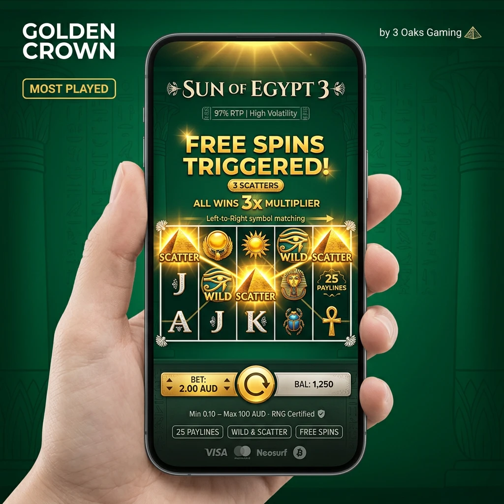 Sun of Egypt 3 slot game showing 5 reels with Egyptian symbols, wilds, scatters, and free spins feature on screen.