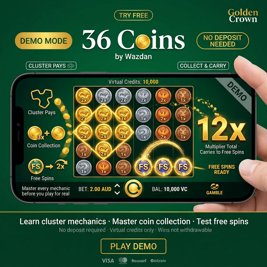 Alt text: Play 36 Coins slot in free demo mode at Golden Crown, featuring cluster mechanic, coin collection, and free spins.