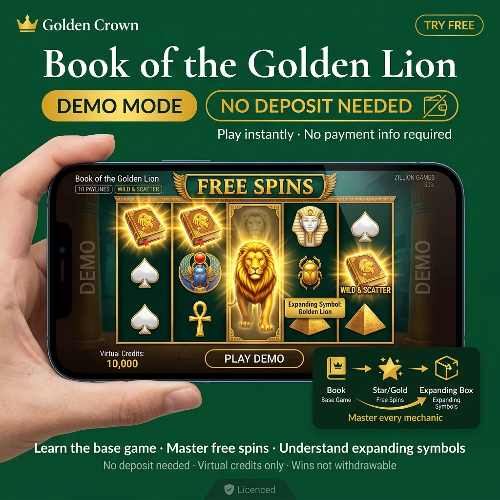 Book of the Golden Lion slot demo mode with golden lion symbols and free spins feature, no deposit required