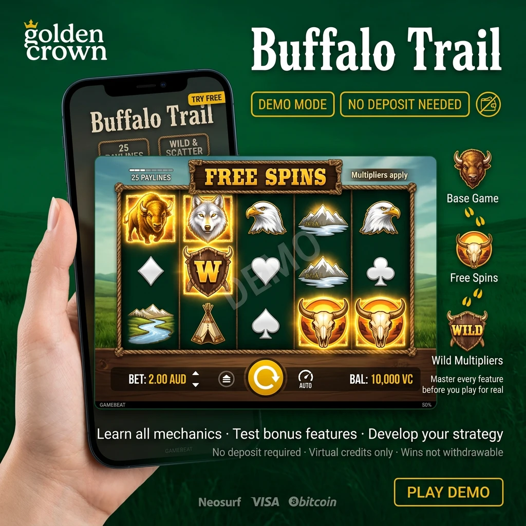 Buffalo Trail slot game in demo mode with virtual credits, showing bonus features and free spins at Golden Crown casino.