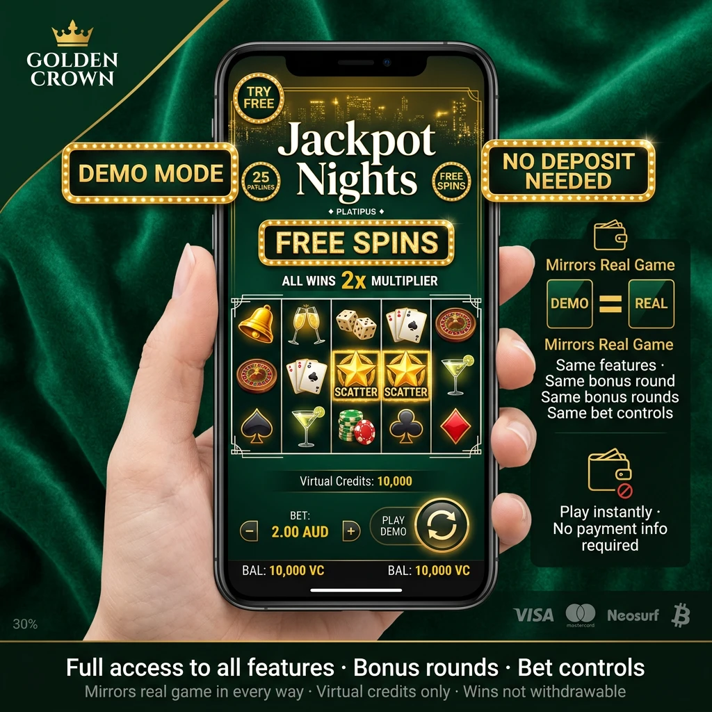 Jackpot Nights slot game in free demo mode with bonus features and bet controls visible on screen