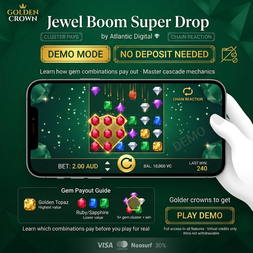 Jewel Boom Super Drop slot demo mode with colorful gem symbols and bonus features on Golden Crown casino