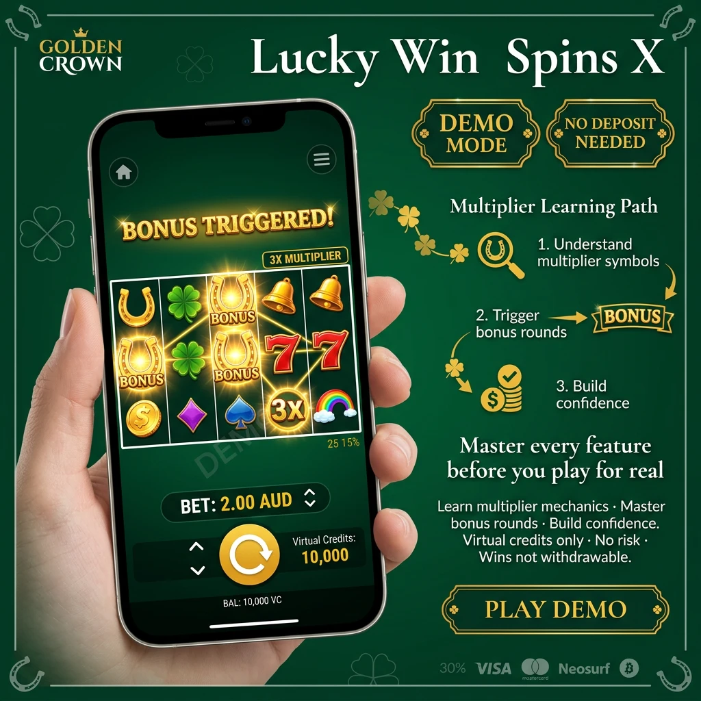 Slot game demo mode interface showing Lucky Win Spins X with virtual credits, multipliers, and bonus rounds at Golden Crown casino.