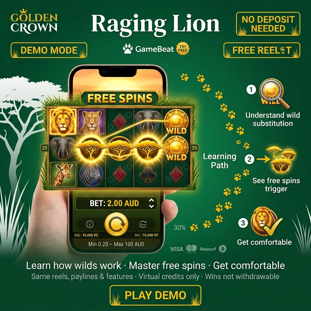 Raging Lion slot demo mode with reels, paylines, and bonus features displayed using virtual credits at Golden Crown