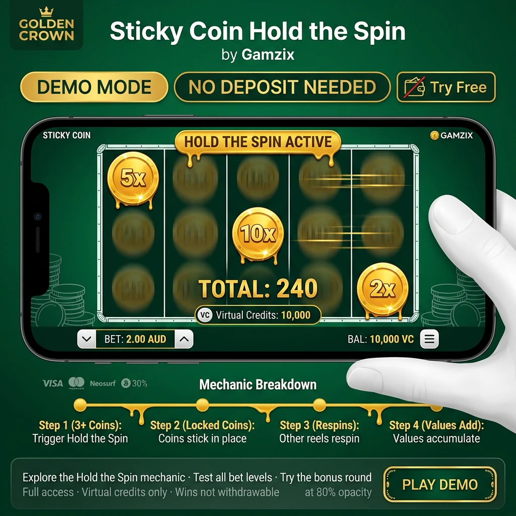 Sticky Coin Hold the Spin slot demo mode with golden coins and free play virtual credits on screen