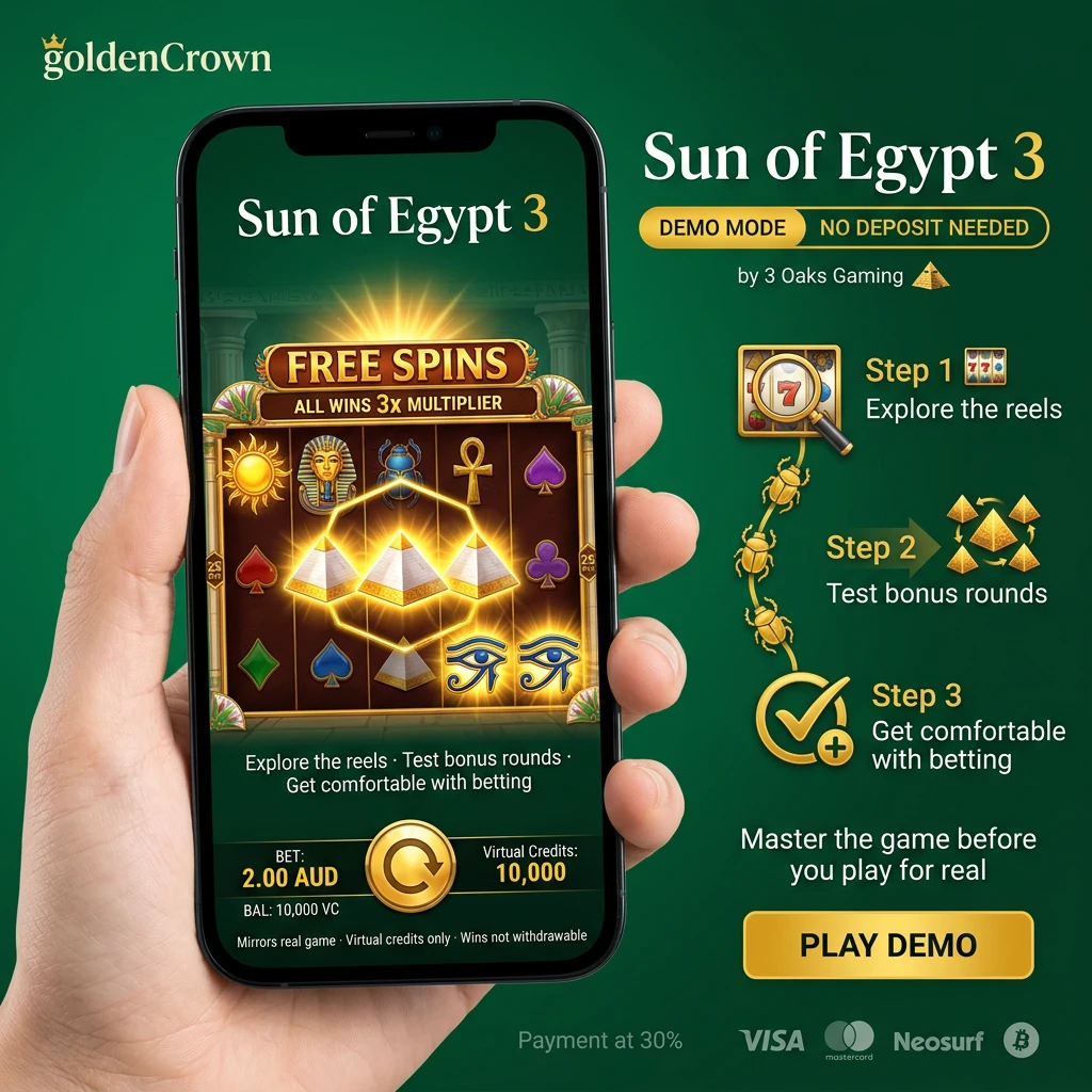 Spin the reels of Sun of Egypt 3 for free in demo mode with virtual credits at Golden Crown Casino.