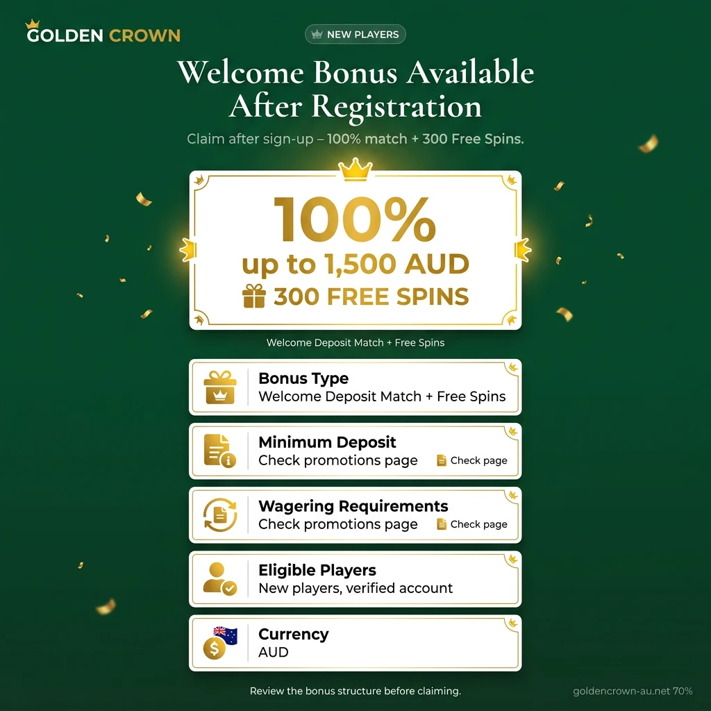 Casino welcome bonus offer showing 100% deposit match up to 1,500 AUD plus 300 Free Spins for new players.