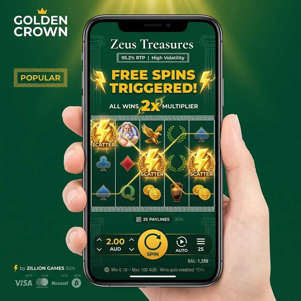 Zeus Treasures video slot game with Greek mythology theme, showing reels, symbols, and betting controls on screen.