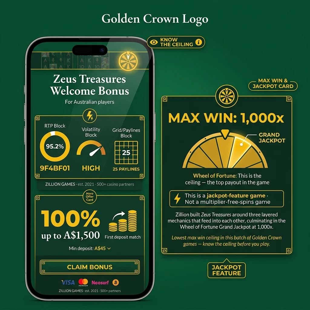 Zeus Treasures slot welcome bonus for Australian players at Golden Crown Casino, offering 100% up to A$1,500 plus 300 free spins