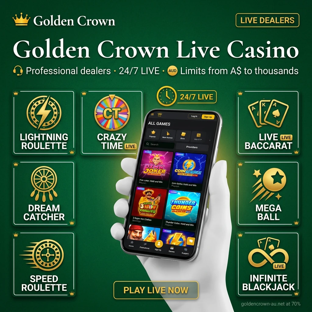 Live casino table at Golden Crown with professional dealer streaming games like Roulette and Blackjack 24/7 for Australian players