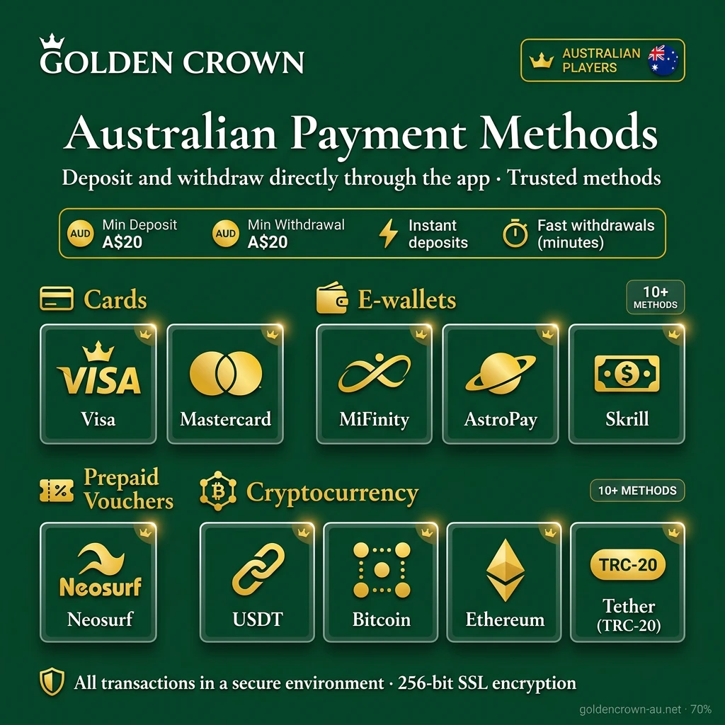 Payment method icons including Visa, Mastercard, crypto, and e-wallets available in Golden Crown app for Australians