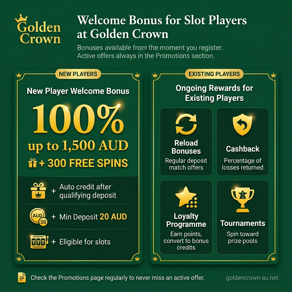 Golden Crown Casino welcome bonus offer with 100% match up to 1500 AUD and 300 free spins for slot players