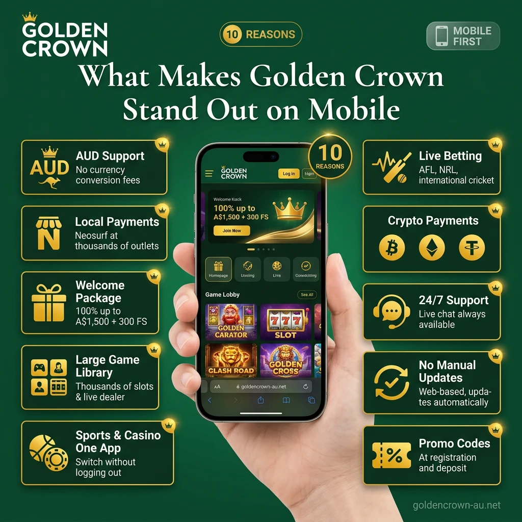 Mobile view of Golden Crown casino showing AUD support, sports betting, slots, and crypto payments for Australian players.